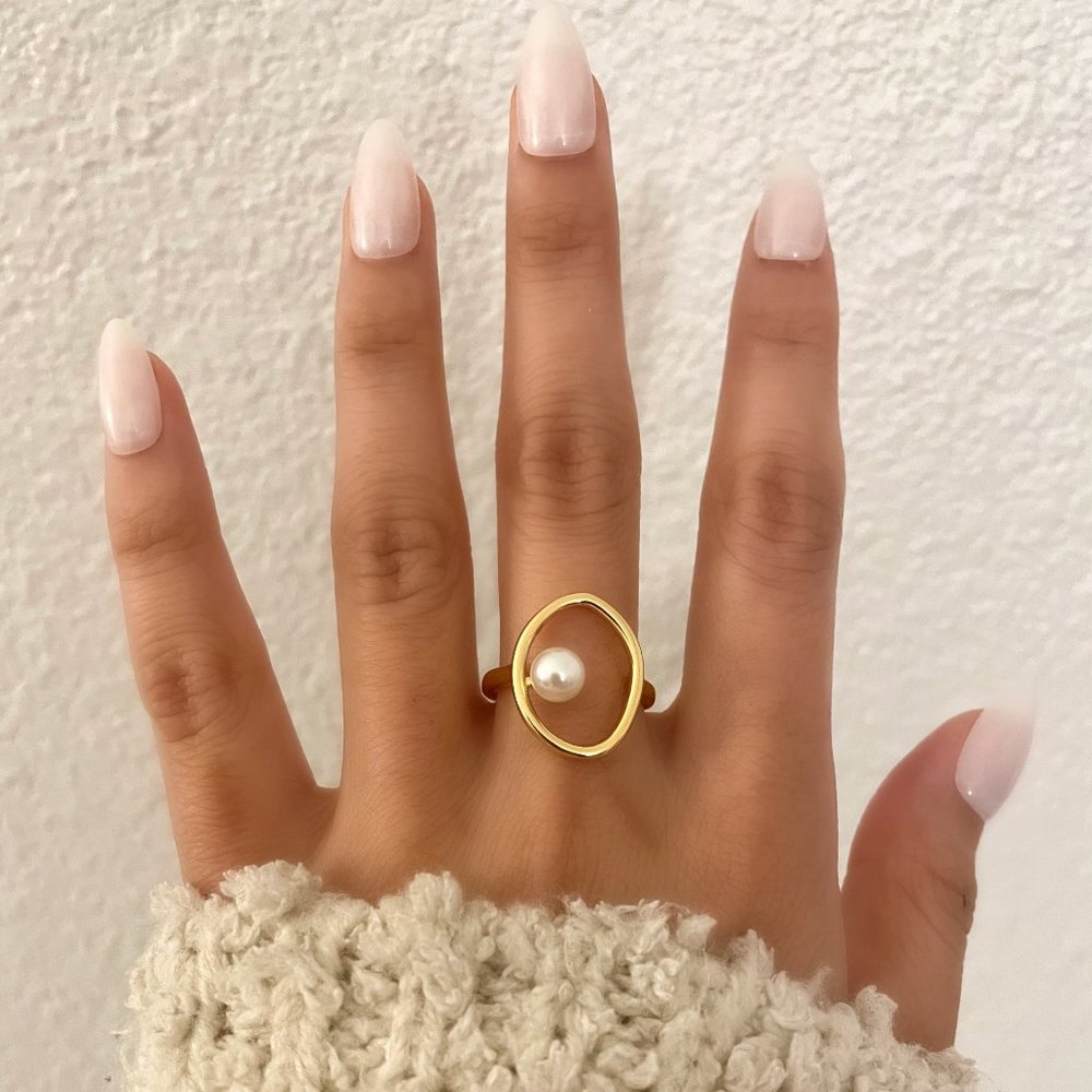 925 Sterling Silver Gold Pearl Statement Ring Boho Minimalist Oval Round Ring - Picture 3 of 8